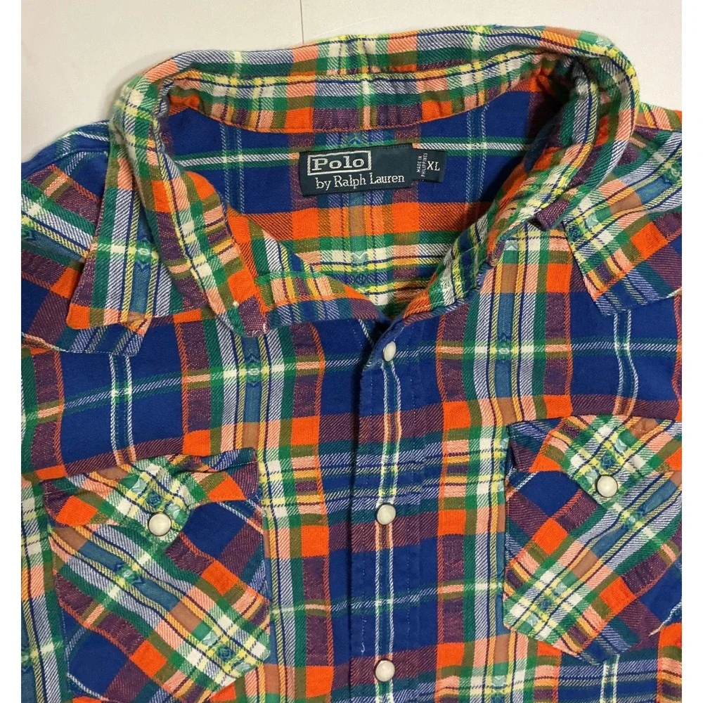 VTG Y2K Polo‎ Ralph Lauren Men XL Plaid Flannel Pearl Snap Longsleeve Multicolor